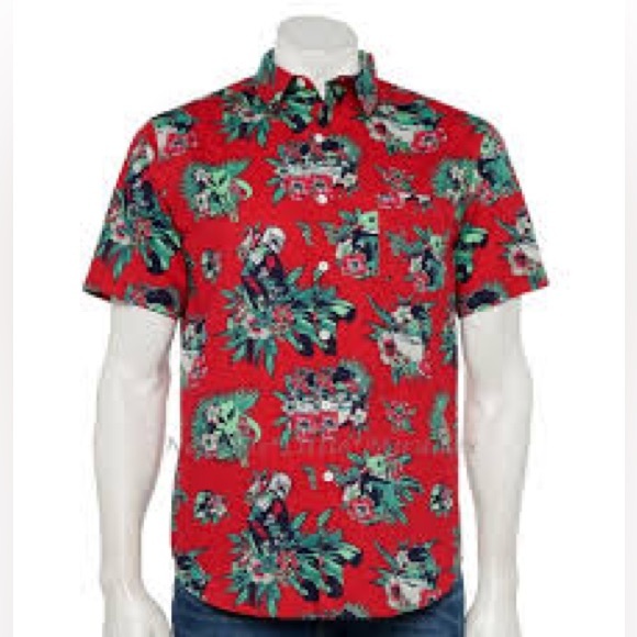 Men's Star Wars:The Mandalorian Grogu Retro Hawaiian Print Button Down Shirt NWT - Picture 1 of 11
